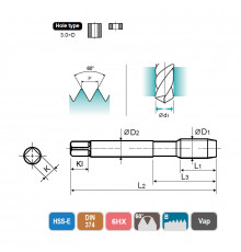 Метчик из быстрорежущей стали SPIRAL POINT HSS-E DIN374 для метрической резьбы с мелким шагом ISO-DIN 13 с винтовой подточкой, M10X0.75 6HX 90.0L